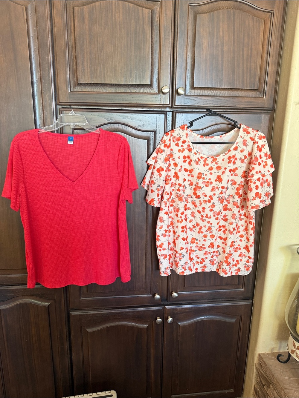 Bundle v-neck, red top and orange and cream floral top.